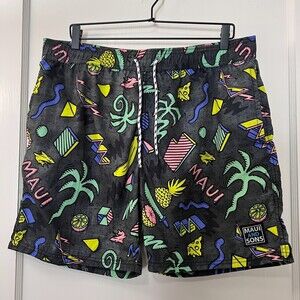 Maui and Sons Black Island Slice Swim Trunks Brief Liner Drawstring Men's XL